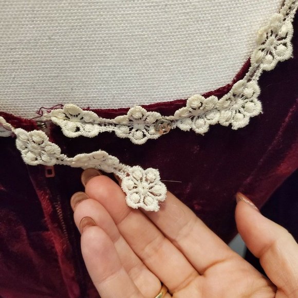 Vintage 60s 70s Wine Red Velvet Prairie Dress Crochet Trim Floor Length Small - Picture 8 of 12